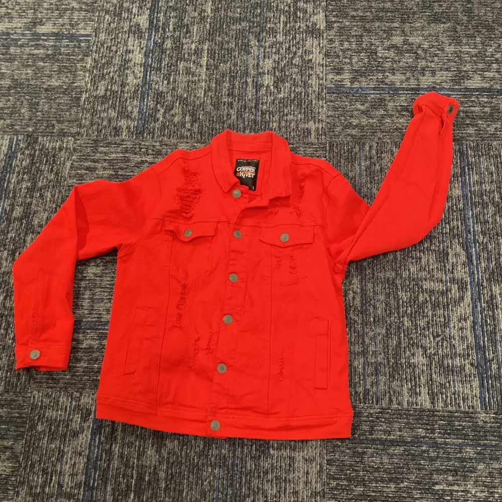 Copper Rivet Mens Distressed Denim Trucker Jacket Red Ripped Cotton Blend Large